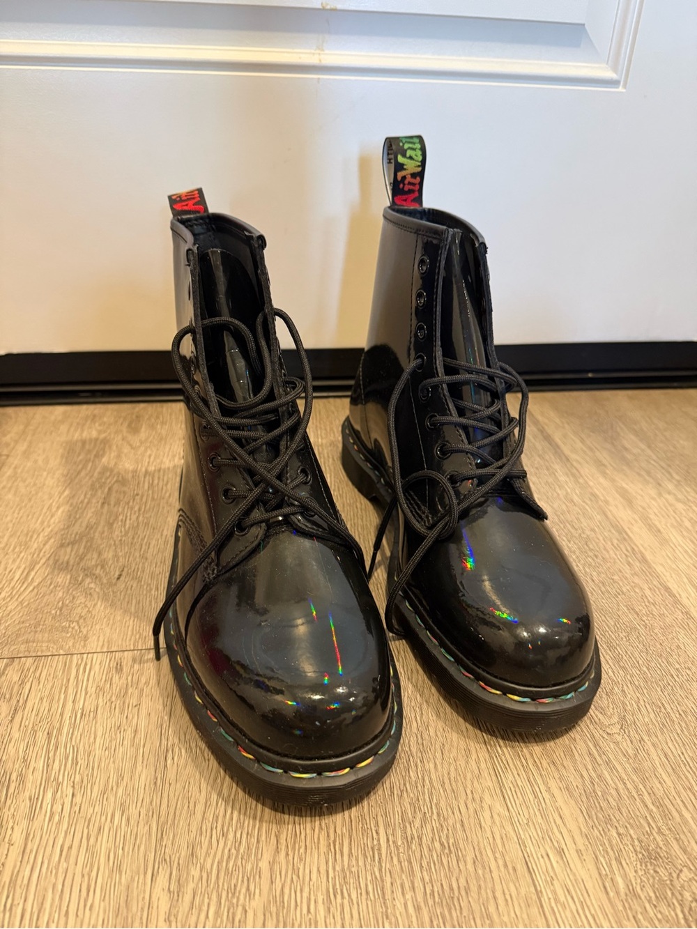Dr. Martens Black Patent Lace-Up Boots with Iridescent Rainbow Welt